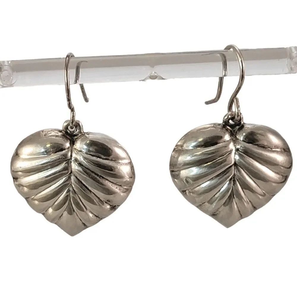 Vintage Sterling Puffy Leaf Heart Drop Earrings